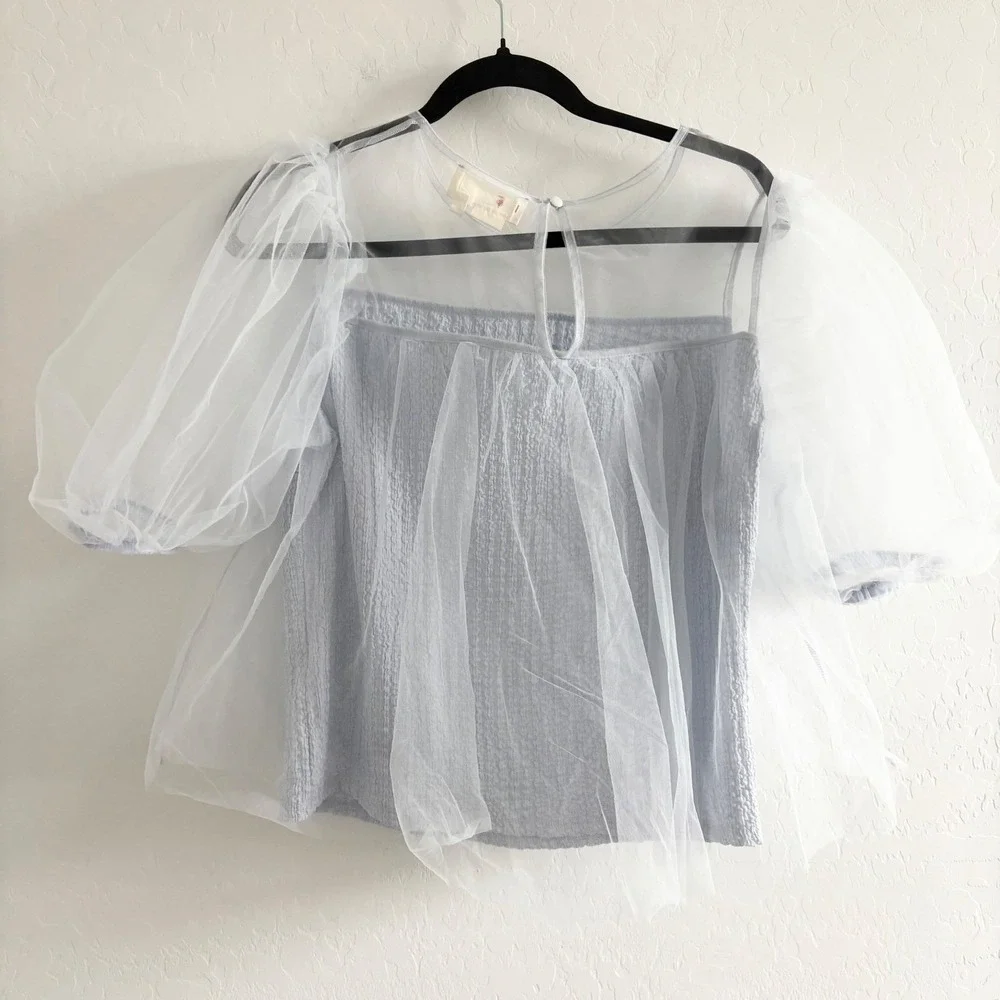Anthropologie Sheer Puff Sleeve Tulle Overlay Blouse Light Blue Textured Top M